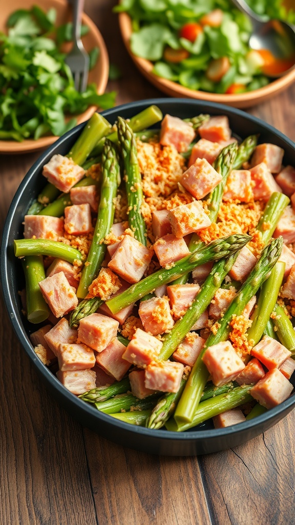 Asparagus and ham dinner bake with melted cheese and breadcrumbs, served on a rustic table.